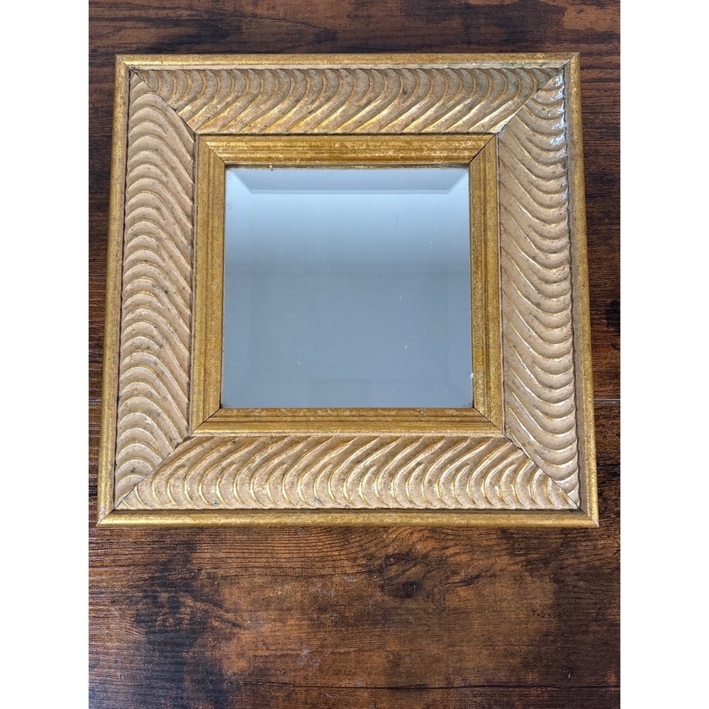 Robert Grace Hollister CA Gold Scalloped Square Wall Mirror Beveled 10.5in